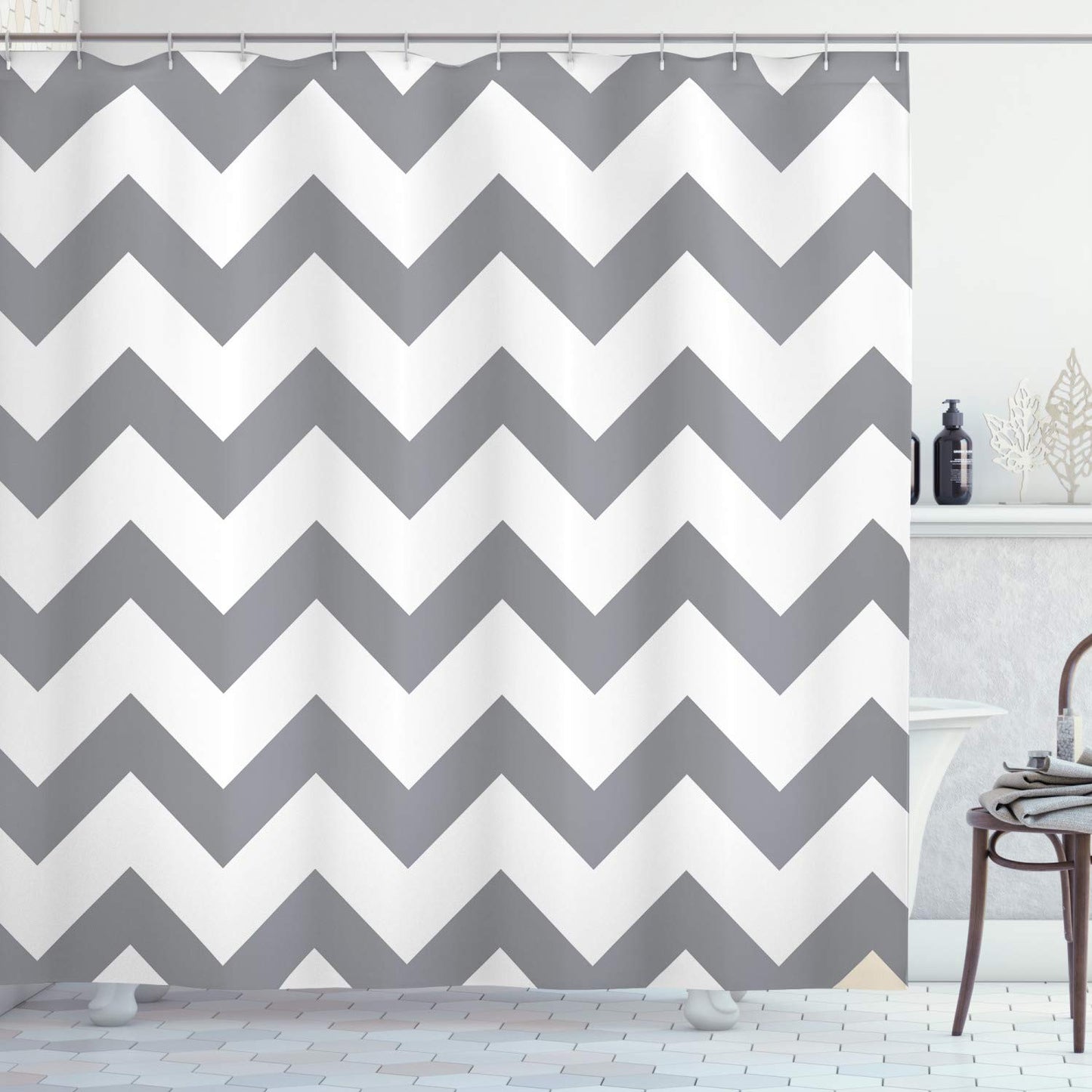 ABAKUHAUS Grey Shower Curtain, Grey and White Chevron Pattern Classic Geometrical Horizontal Zig Zag Stripes Retro, Cloth Fabric Bathroom Decor Set