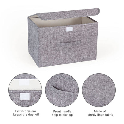Booxihome 3Pcs Fabric Storage Boxes With Lids For Wardrobe Clothes Toy Foldable Linen 37 * 24 * 25cm (Grey)
