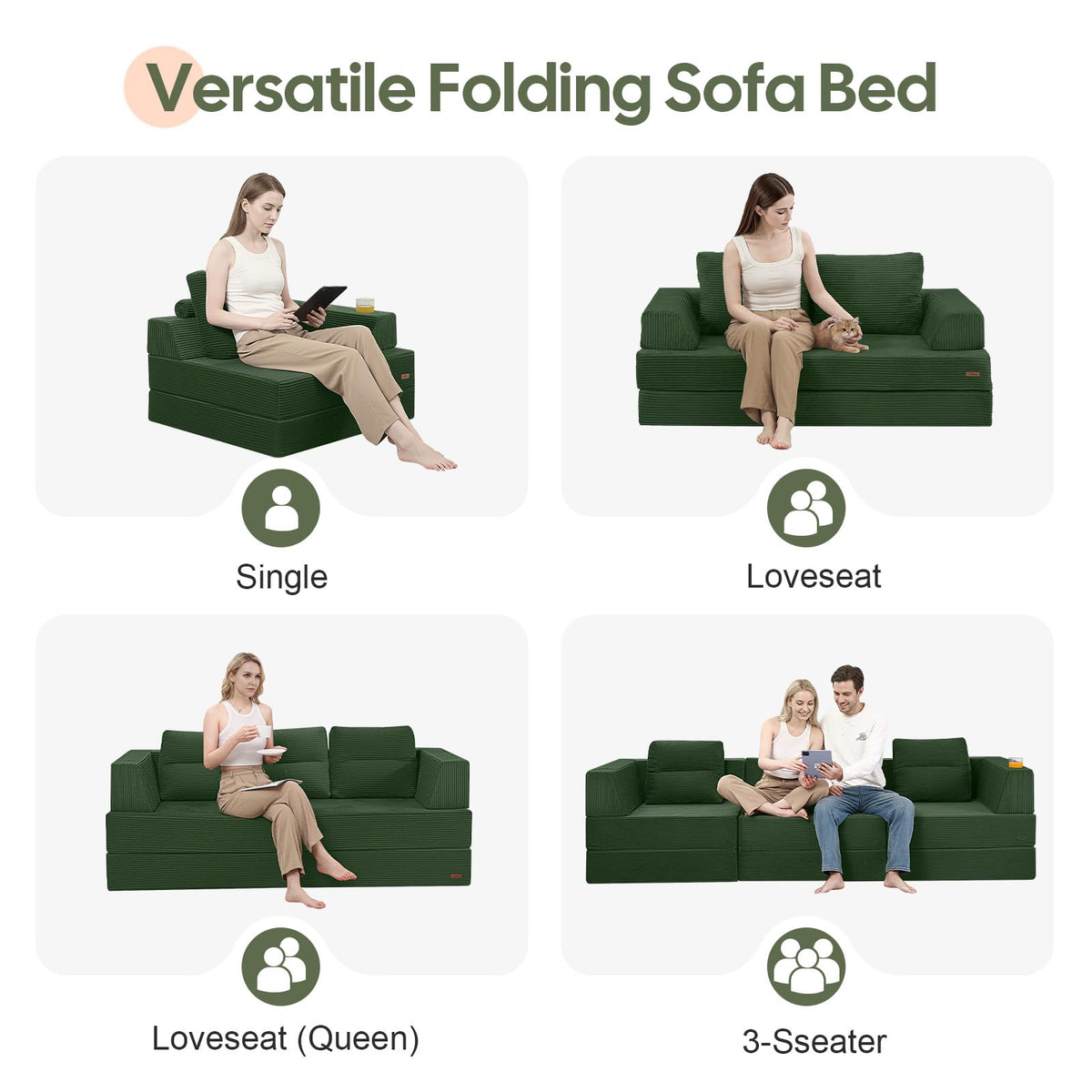 MeMoreCool Folding Sofa Bed Single, Convertible Boneless Couch with Pillow