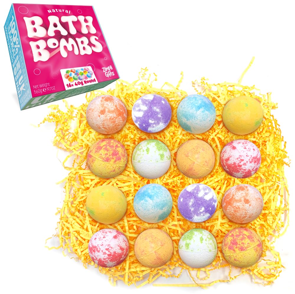 ZIMPLI - 16 x UK Made Bath Bomb Gift Set for Women, Her, Girlfriend, Wife, Christmas, Xmas Present, Relaxing Beauty Spa Kit, Moisturising