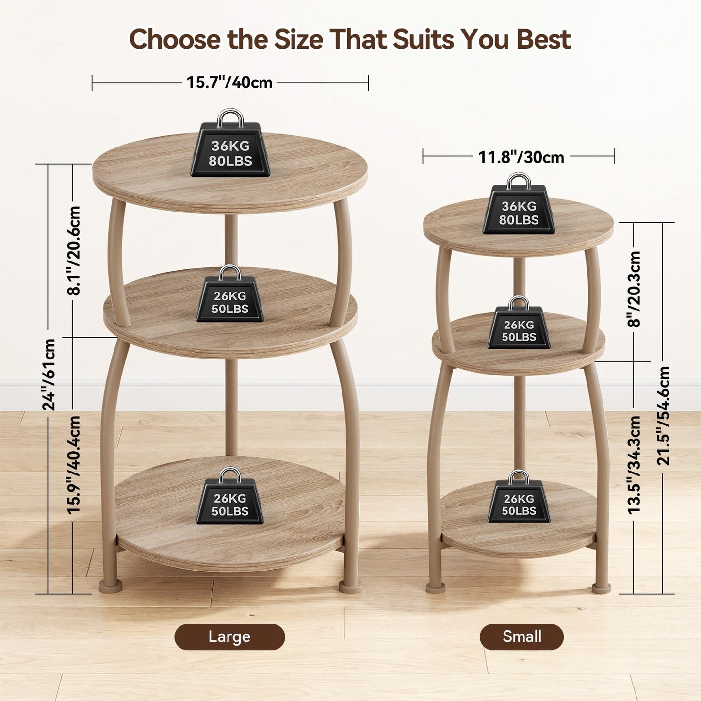 Yuede 3 Tier Side Table, Round Coffee Table, End Table with Storage Shelf, Bedside Table, for Living Room, Bedroom, Metal Frame, 40 x 61 cm, Oak Gray