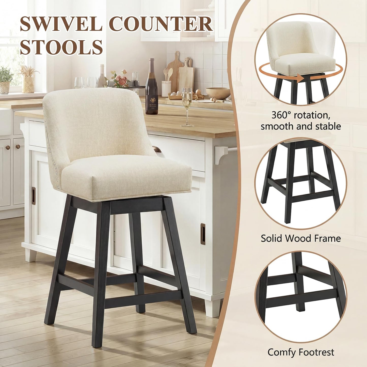 Bar Stools Set of 4, 360° Swivel Upholstered Counter Stools with Back, Wooden Frame Kitchen Bar Chairs with Nailhead Trim