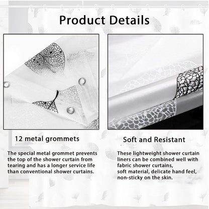 Shower Curtains Mould Proof Resistant - Leaves Patterned Semi-Transarent Shower Curtain, PEVA Waterproof Bathroom Curtains with 12 Hooks, 180 x 180 cm