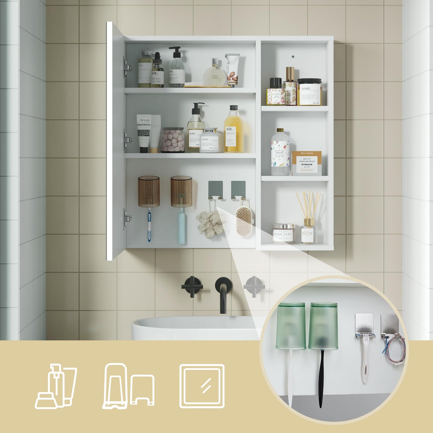 Mondeer Bathroom Mirror Cabinet, Wall Cabinet with Toothbrush Holder Cup Holder and Adjustable Shelves, Space Saving, Ventilation Design