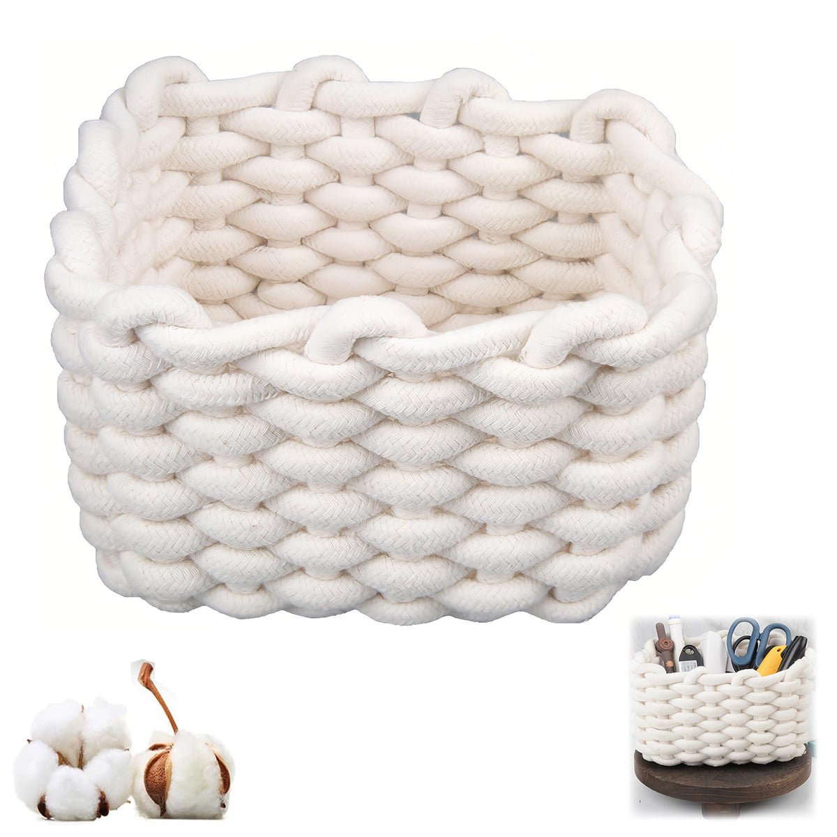 Cotton Storage Basket, White Braided Basket with Thick Yarn Wicker, Bathroom Organiser for Desk & Dressing Table Changing Table, Cosmetics, Desktop