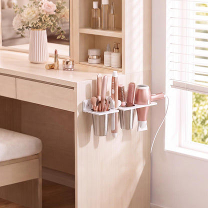 AITEE Hairdryer and Straightener Holder Wall Mounted, White Acrylic Hair Dryer Holders with 2Cups
