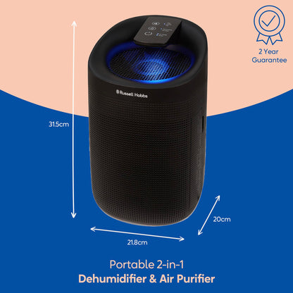 Russell Hobbs RHDH1101B Ozone Free, 750ml/day 2 in 1 Black Dehumidifier/Air Purifier, 20m2 Room Size, LED Lighting & Captures Bacteria, for Home,