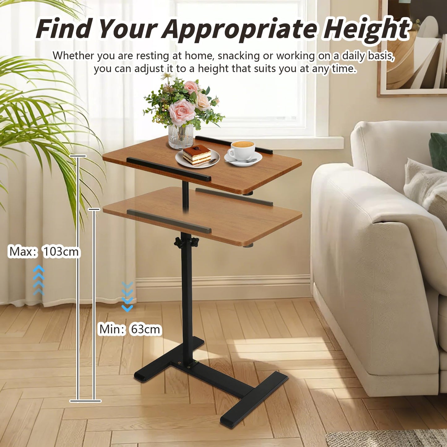 XUDREZ Adjustable C Shaped Side Table, Top Tilting Laptop Stand Tray Tables, End Table for Living Room Bedroom Sofa Bathtub Bedside Nursing（Wood