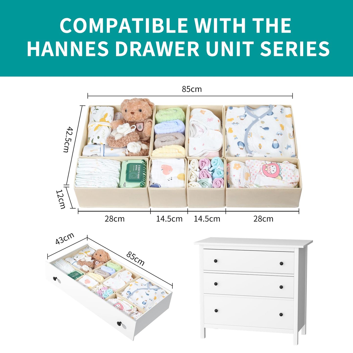 ORLISA 16 Pack Drawer Organiser Set for Hemnes Dressers, Fabric Drawer Dividers & Wardrobe Organisers for Clothes Storage, Underwear