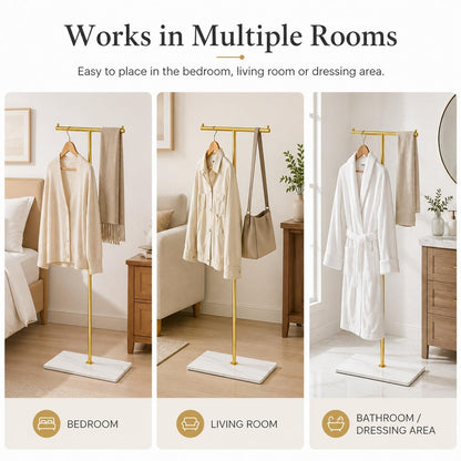 GOOGO T-Shaped Coat Rail Freestanding, Heavy Duty Metal Clothes Rack with Stone-Effect Base, 175 cm Modern Coat Stand for Hallway, Entryway, Bedroom