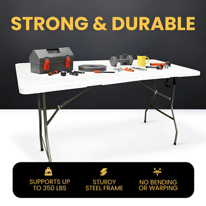 6ft Heavy Duty Folding Table - Fold in Half with Carry Handle - Portable Indoor Outdoor for Garden, BBQ, Car Boot Sale, Camping, Pasting, Party