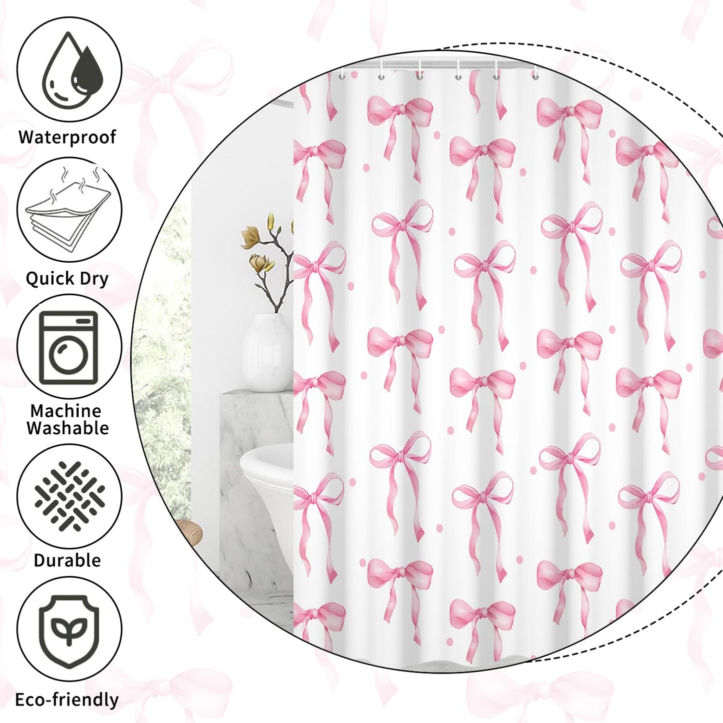 GCIREC Shower Curtain, 180x200cm, Pink Cute Aesthetic Bowknot Bows Waterproof Fabric Machine Washable Bathroom Curtain with Hooks