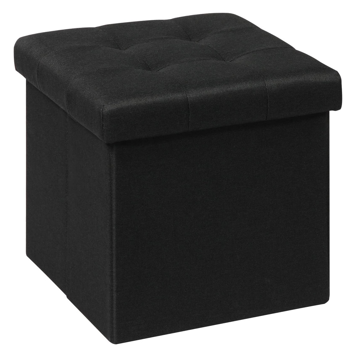 Bonlife Folding Ottoman Storage Box, Linen Black Cube Toy Chest with Lid, Multipurpose Footstool for Living Room, Bedroom & Nursery, 32x32x32cm