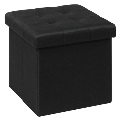 Bonlife Folding Ottoman Storage Box, Linen Black Cube Toy Chest with Lid, Multipurpose Footstool for Living Room, Bedroom & Nursery, 32x32x32cm