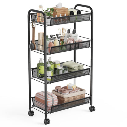 WELDUN 4-Tier Storage Trolley, Meatl Rolling Cart, Mesh Storage Cart Black