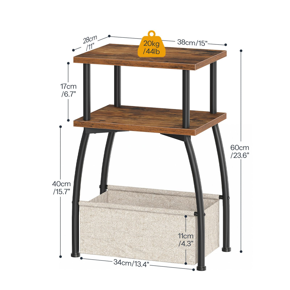 HOOBRO Narrow Side Table, 3-Tier Small Table with Linen Storage Basket, Sofa Side Tables for Small Space