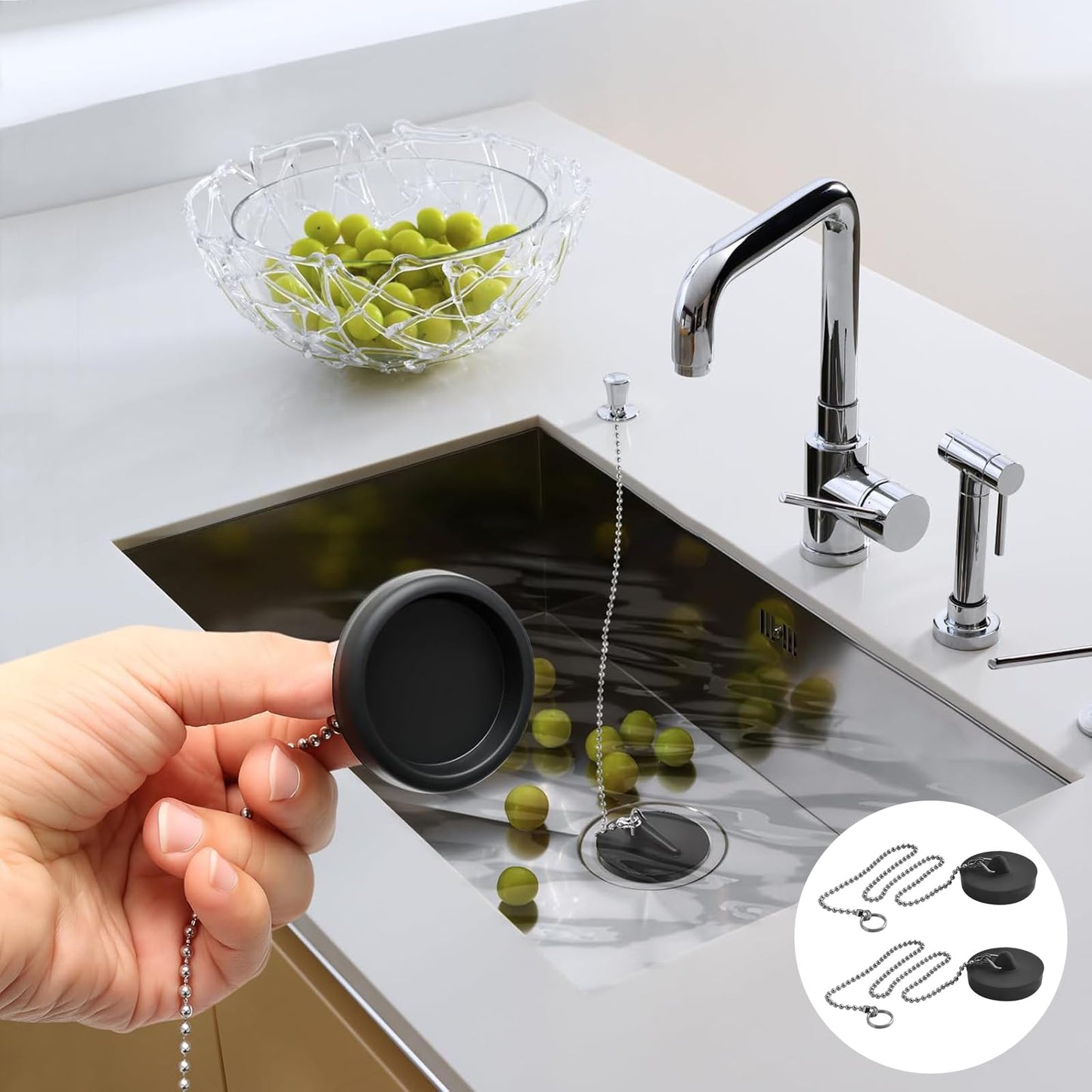 Funngy Drain Stopper Sink Plug,2 PCS Universal Sink Plug with Stainless Steel Chain and Hook Rubber Drain Stopper for Kitchen Sink Bathroom Sink Plug