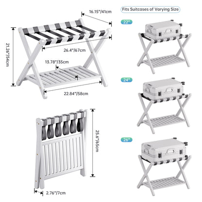 SMIBUY Luggage Rack, Foldable Bamboo Suitcase Stand with Storage Shelf for Guest Room, Bedroom, Hotel, Heavy-Duty (White)