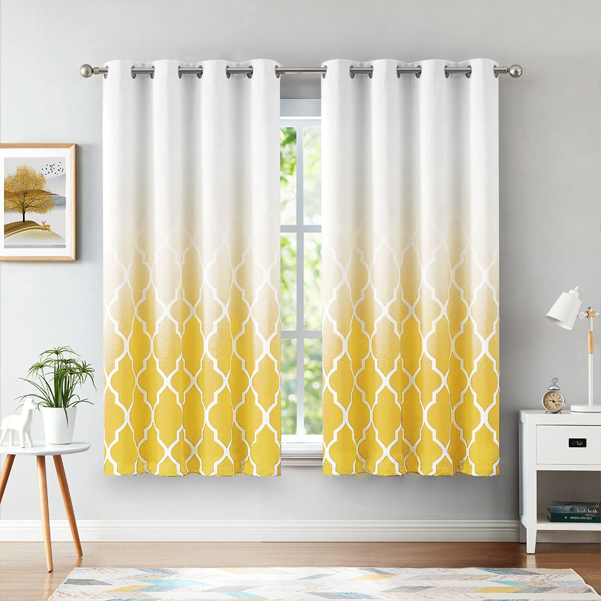 Beauoop Blackout Curtains for Bedroom Yellow Ombre Curtains 72 Inch Drop Geometric Print Eyelet Curtain for Living Room Darkening Thermal Insulated