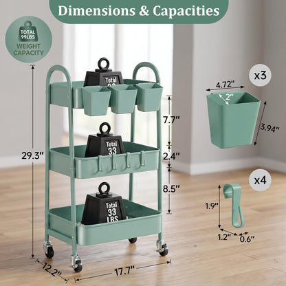 danpinera 3-Tier storage trolley, Metal storage cart with Lockable Wheels & Hanging Cups & Hooks, storage trolley on wheels for bathroom, kitchen