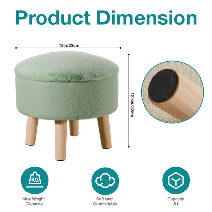 BRIAN & DANY Footstool with Storage, Small Storage Ottoman, Faux Fur Round Stool with Lid, Foot Stool with Legs for Living Room Entryway, Green