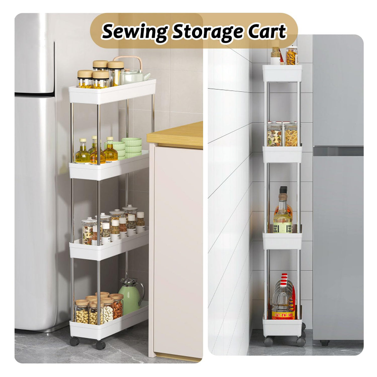 SHANGFENG Plastic Storage Trolley on Wheels Slide-out Slim Rolling Utility Cart Mobile Storage Shelving Organizer for Kitchen, Bedroom, Bathroom