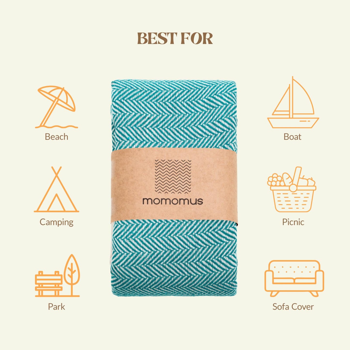 MOMOMUS Beach Towel 90 x 170 cm, 100% Cotton, Fouta Hammam Towel, Sea Green