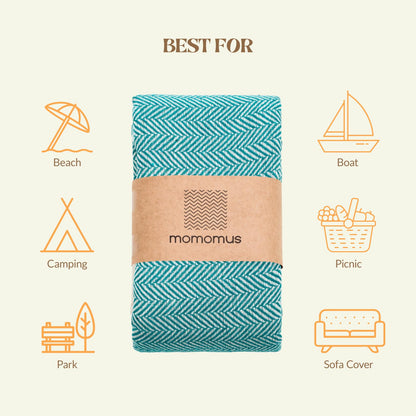 MOMOMUS Beach Towel 90 x 170 cm, 100% Cotton, Fouta Hammam Towel, Sea Green