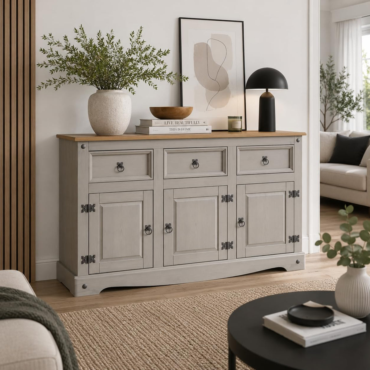 Corona Grey Sideboard 3 Door 3 Drawer Large Solid Mexican Pine Wooden Cabinet with Gunmetal Hardware W 125 cm x D 40 cm x H 76 cm