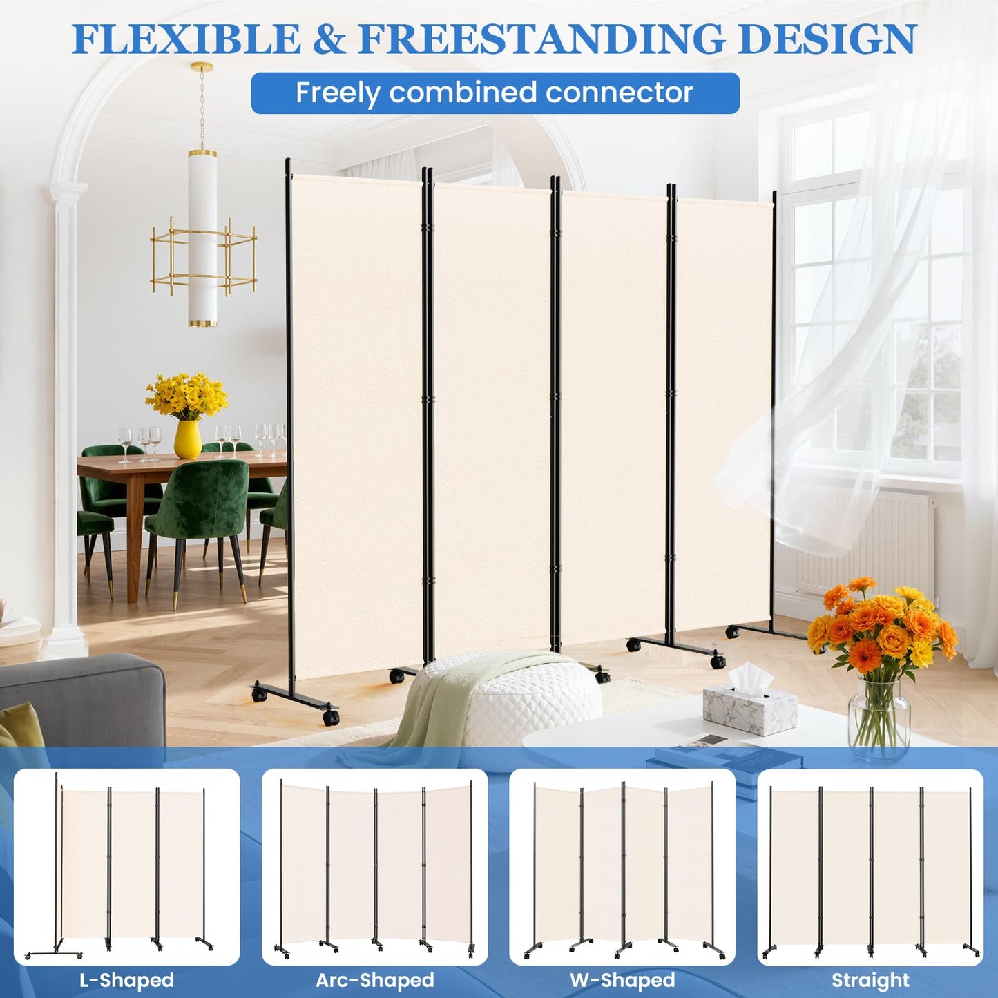 8 Panel Room Divider 183CM Folding Privacy Screens with Lockable Wheels
