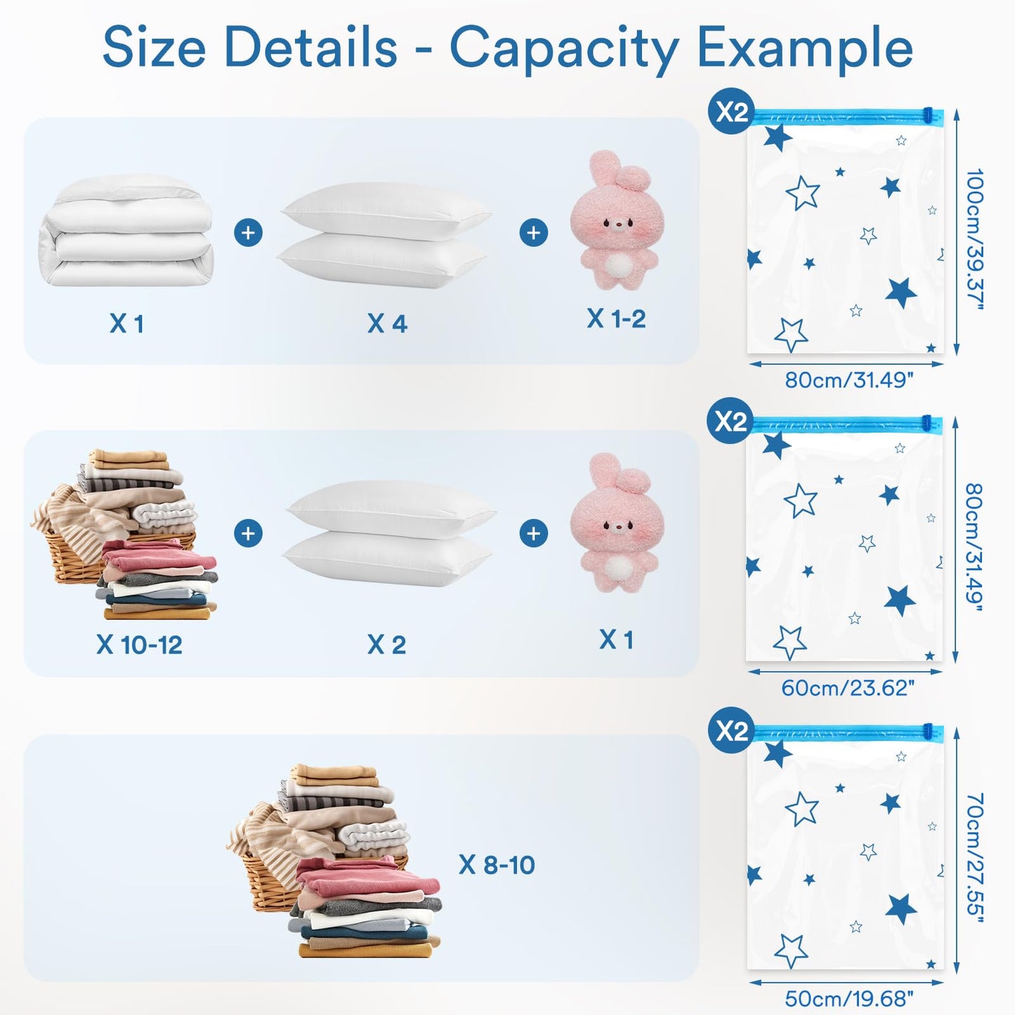 AIyvisun 6pcs Vacuum Storage Bags with Hand Pump, Vacuum Pack Bags for Clothes Multiple Sizes(2M+2L+2Jumbo)