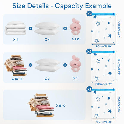 AIyvisun 6pcs Vacuum Storage Bags with Hand Pump, Vacuum Pack Bags for Clothes Multiple Sizes(2M+2L+2Jumbo)