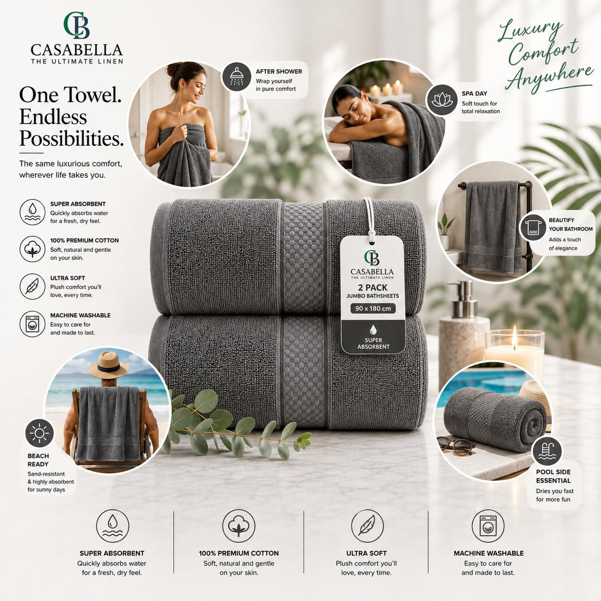 Casabella CB 2 Piece Jumbo Bath sheets 100% Combed Cotton Extra Large Bath Towel bale set super Absorbent Soft Grey 2 Pack 90X180 CM Bath sheets