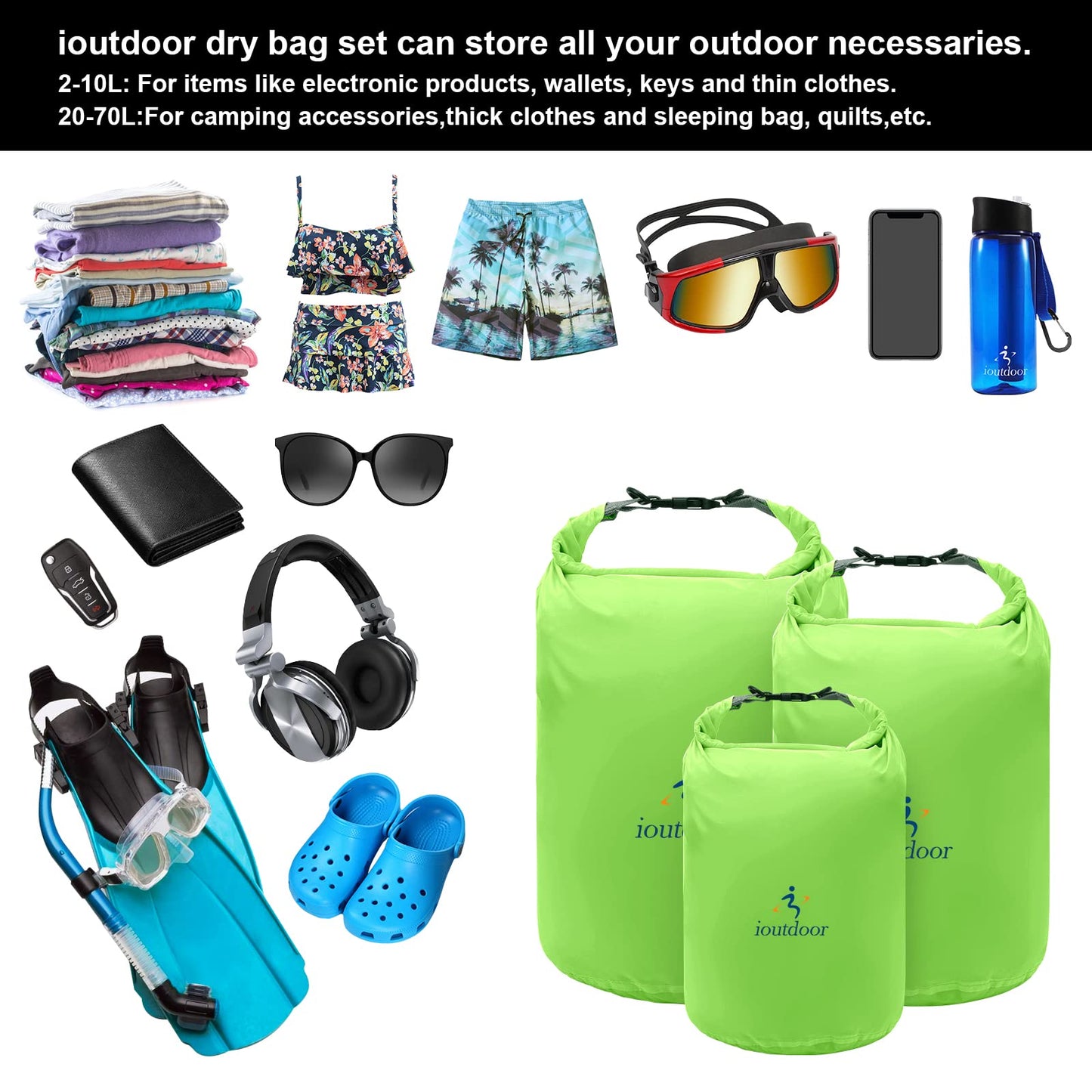 ioutdoor Dry Bag Set 2L + 5L + 10L + 20L+ 40L+ 70L Waterproof Small Lightweight Dry Bags for Paddle Board Kayaking Swimming Fishing Camping Hiking