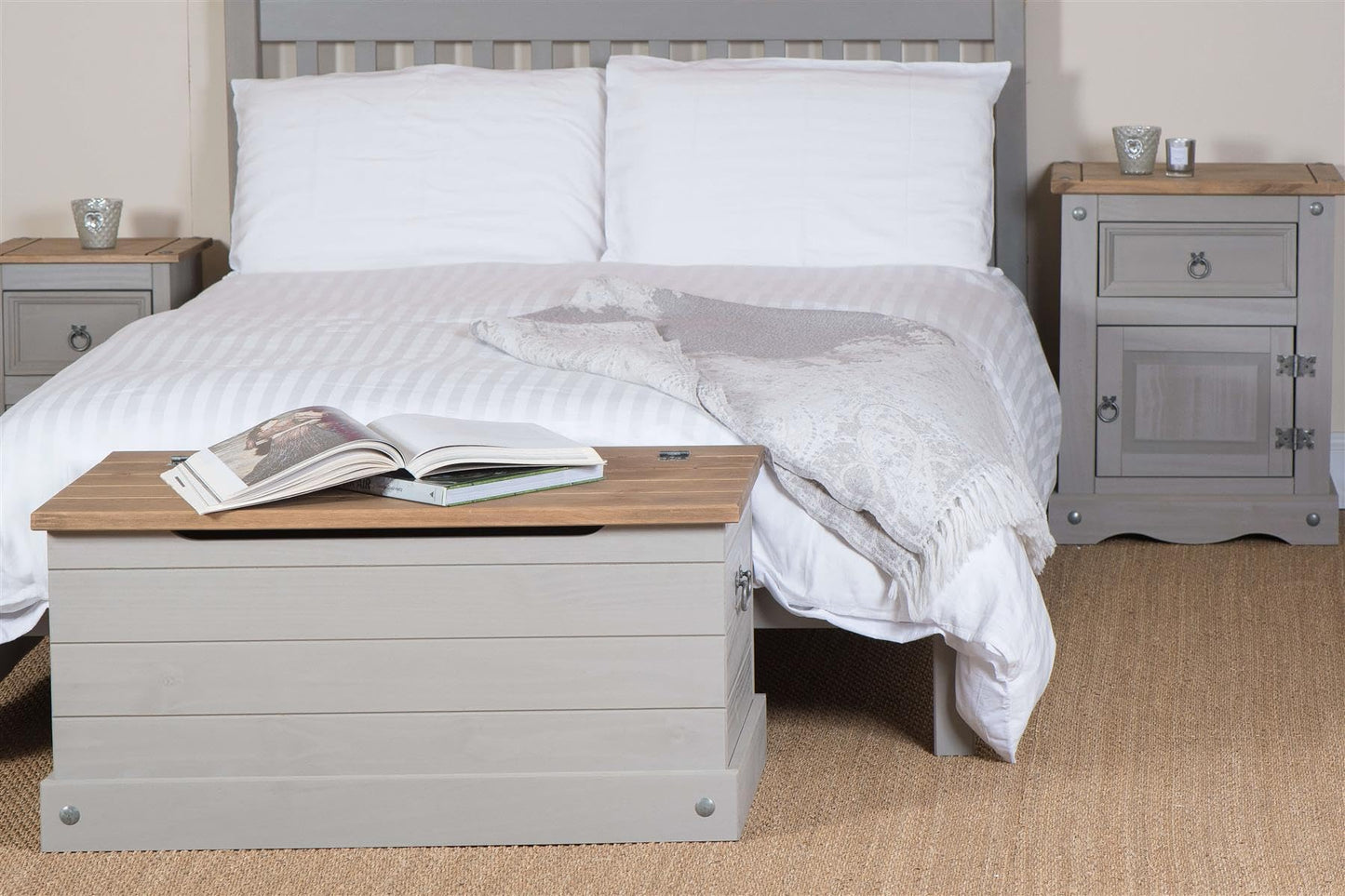 Home Source Solid Pine Wood 4ft 6-Inch Double Bed Slatted Frame And Headboard, Low Foot End