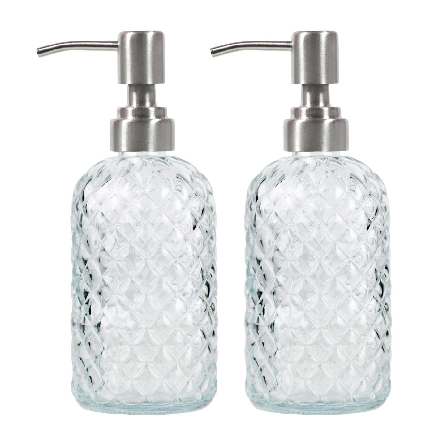 Funly mee Bathroom & Kitchen Glass Hand and Dish Soap Dispenser with 304 Rustproof Stainless Steel Pump (Clear-2pack)