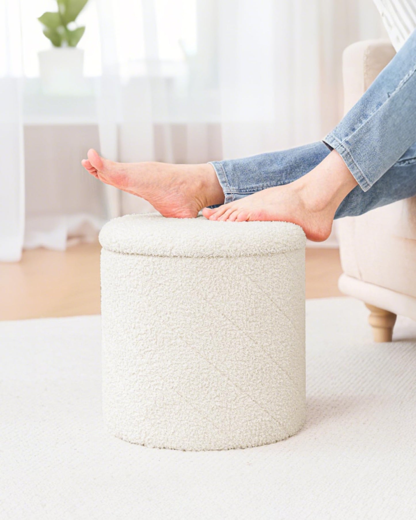 Bonlife Round Ottoman Stool with Storage, Folding Footstool,33x33x35cm
