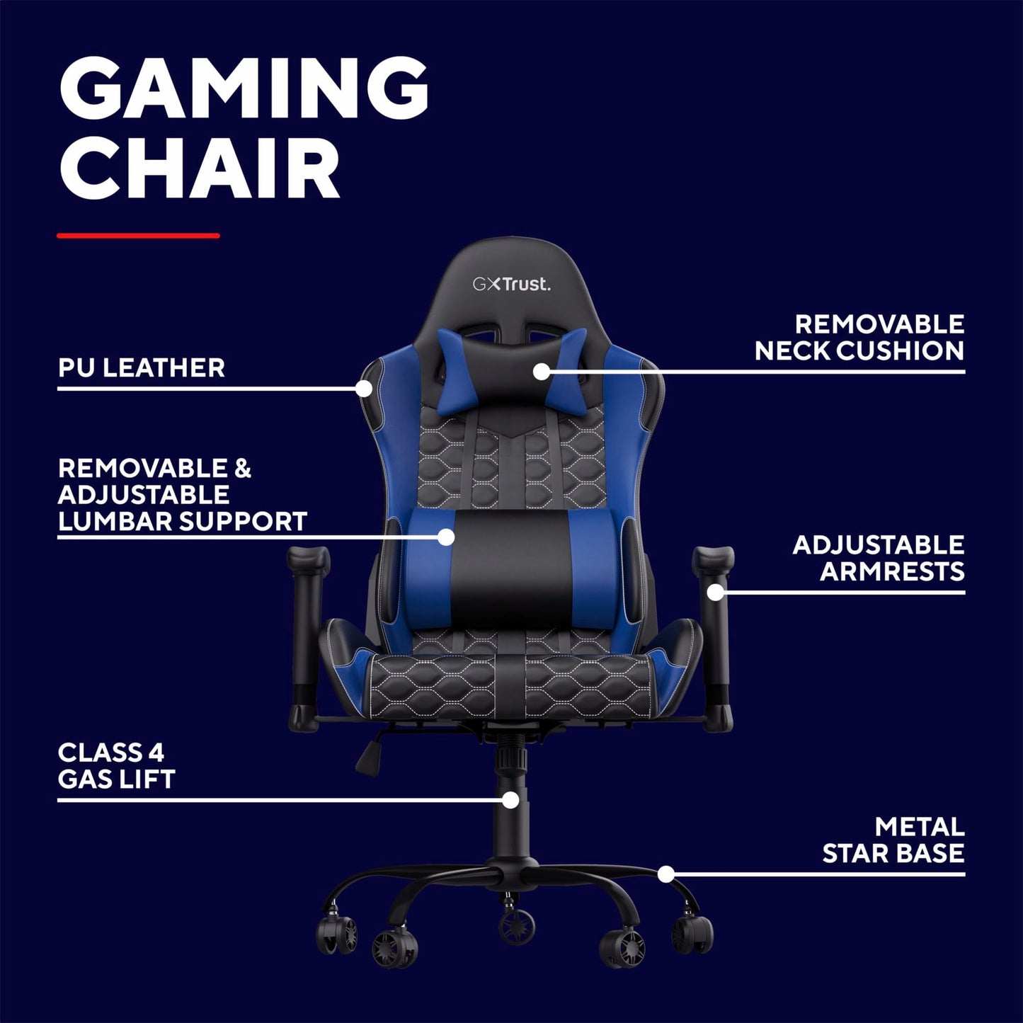 Trust Gaming GXT 708B Resto Gaming Chair, PC Desk Chair, Full 360° Rotatable Seating, Strong and Robust Metal Base Frame, Chair for Computer