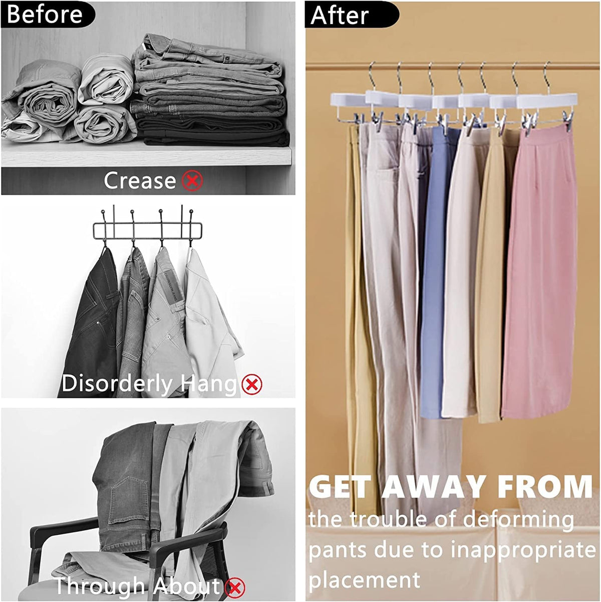 Amber Home 10pcs Wooden Trousers Hangers, Wood Skirts Hangers, White