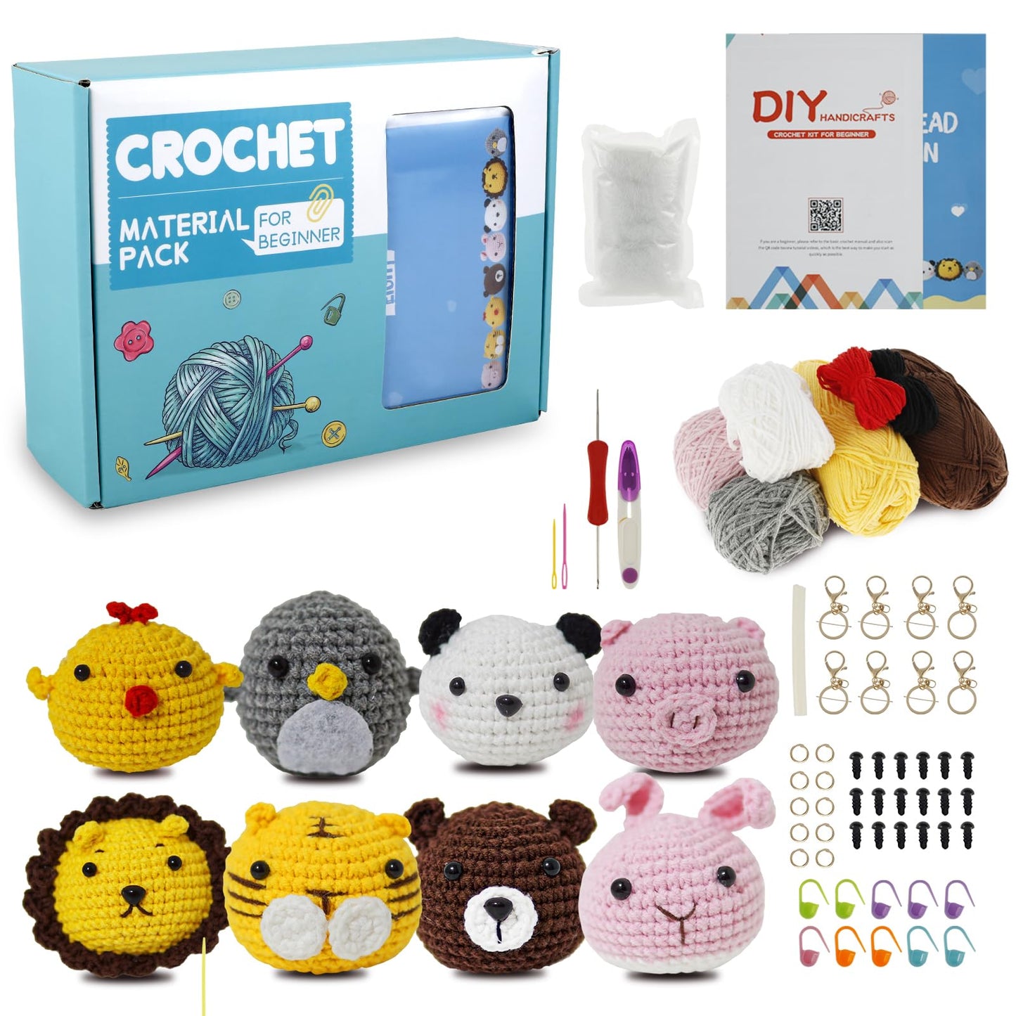 MENIBBLER 8Pcs Crochet Kits for Beginners, Animals Beginners Crochet Kit, Crochet Set Include Various Accessories with Instructions and Video
