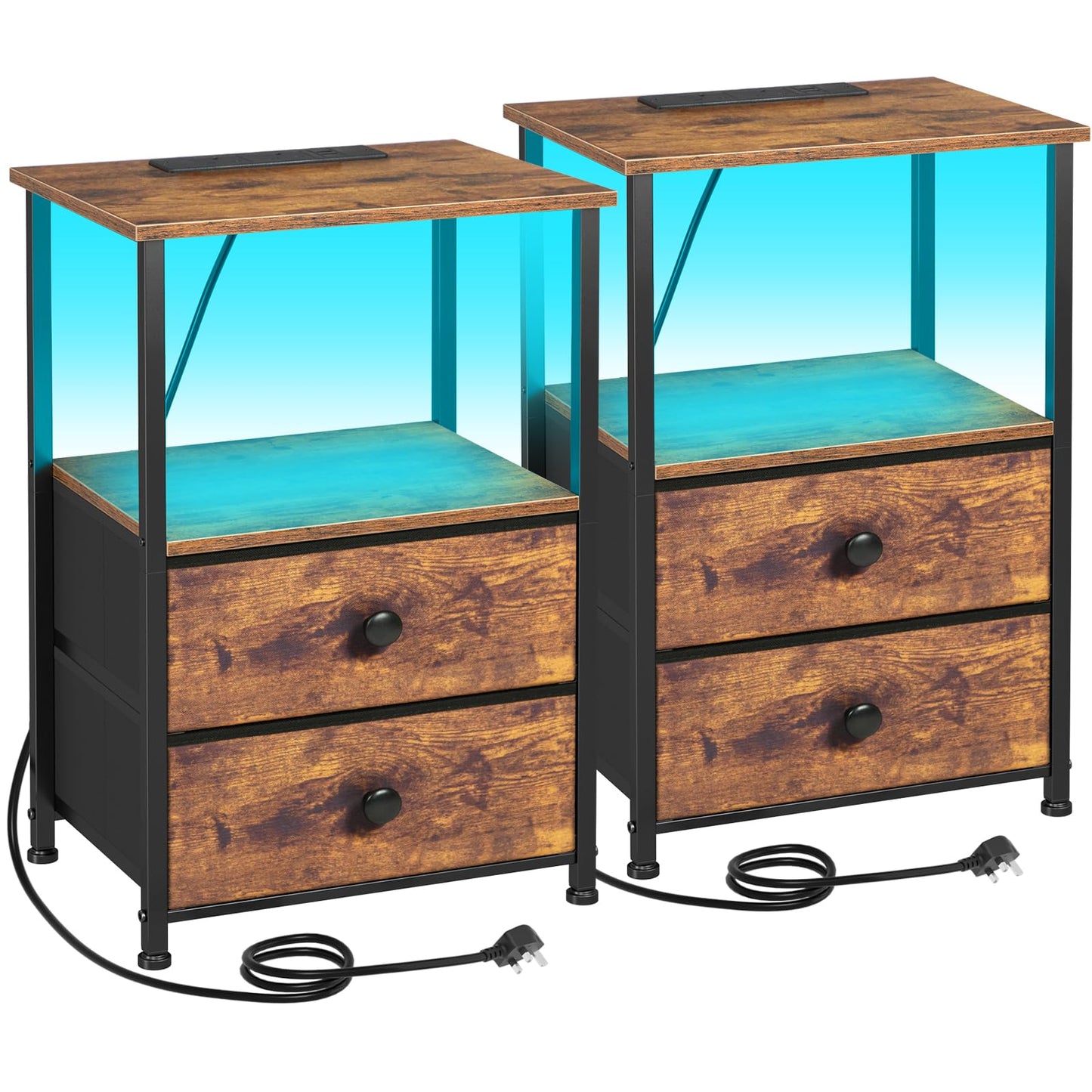AMHANCIBLE Night Stand Set 2, LED Nightstand with Charging Station, End Tables with Storage Shelf, Bedside Table with 2 Fabric Drawers for Bedroom,