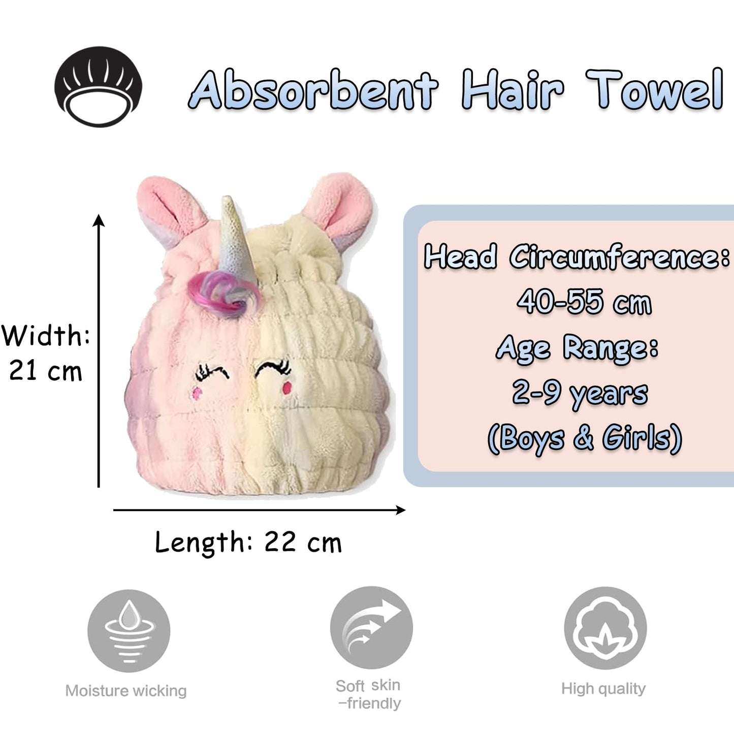 Kids Absorbent Hair Towel Wrap Soft Coral Fleece Hair Drying Wrap Towel Hat for Girls 2-9 Years Cute Cartoon Hairs Drying Turban Towels Quick Dry