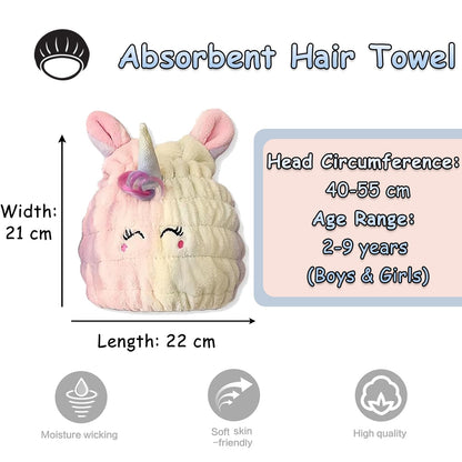 Kids Absorbent Hair Towel Wrap Soft Coral Fleece Hair Drying Wrap Towel Hat for Girls 2-9 Years Cute Cartoon Hairs Drying Turban Towels Quick Dry