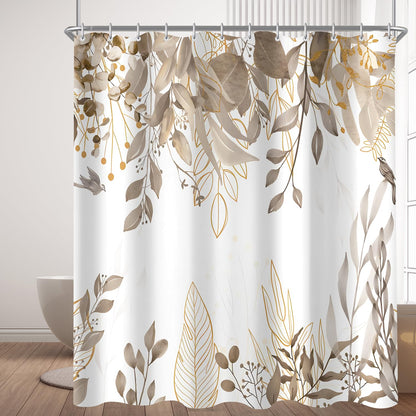Lerores Shower Curtain, 100 x 200 cm, Grey Autumn Leaves, Weighted Hem, Anti-Mould, Water-Repellent