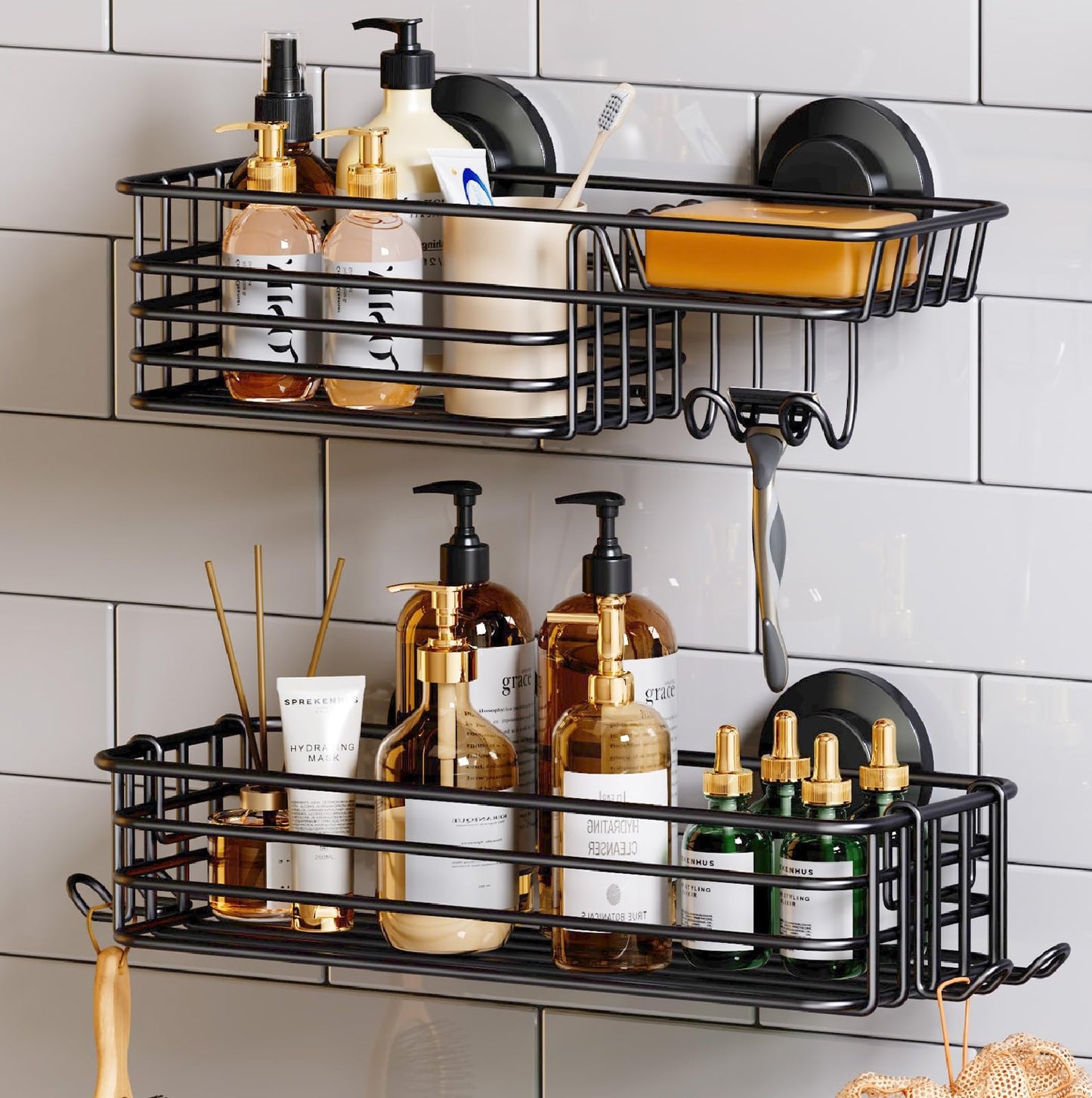 TAILI Shower Caddy Suction Cup 2 Pack with Hooks & Soap holder Heavy Duty Shower Organizer for Bathroom No Drilling Silver Bathroom Accessory Storage