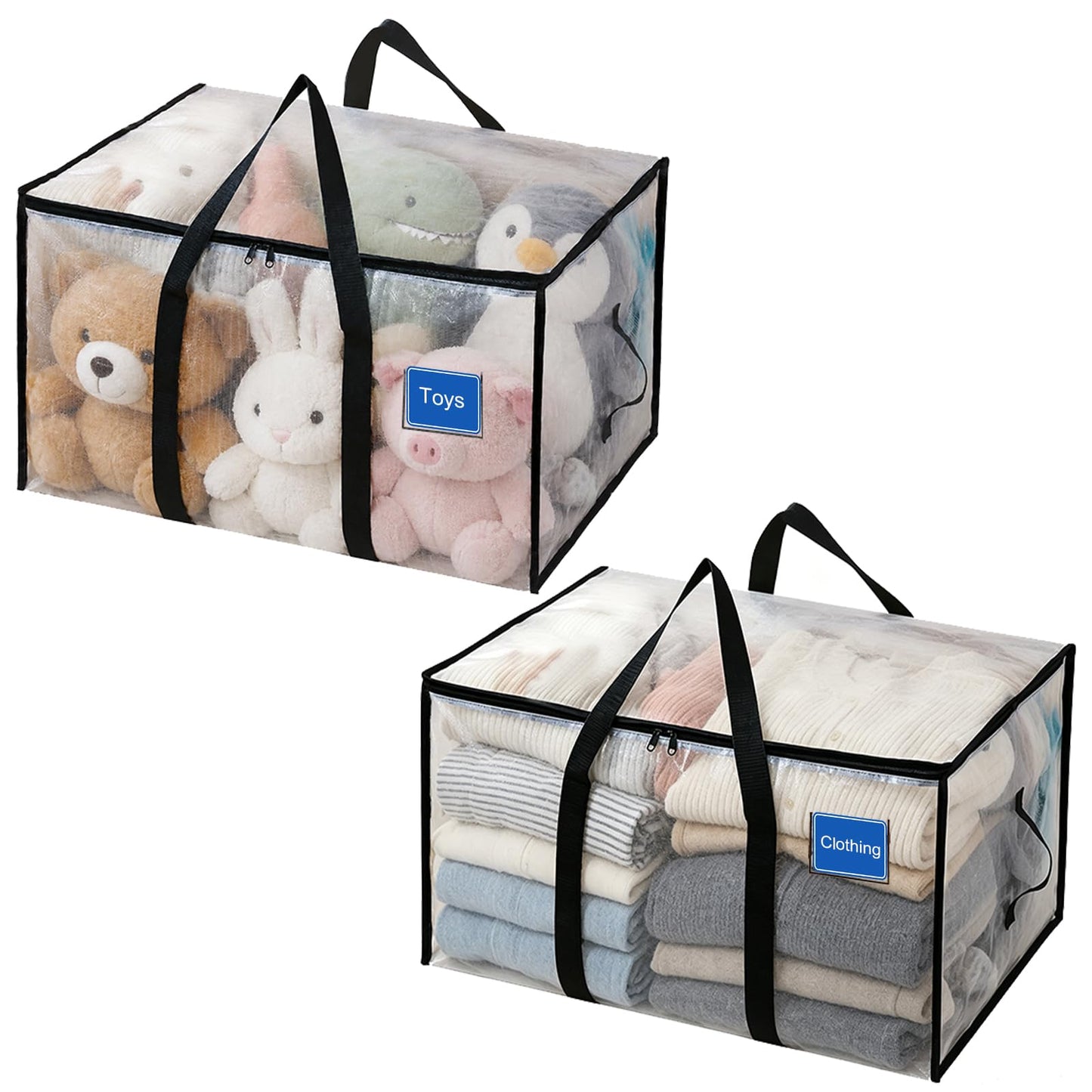 2 Pack Clothes Storage Bags with Zips, 94L Heavy Duty Clear Moving Bags