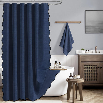BTTN Extra Long Scalloped Shower Curtain, Waterproof, 184x215cm, Navy Blue
