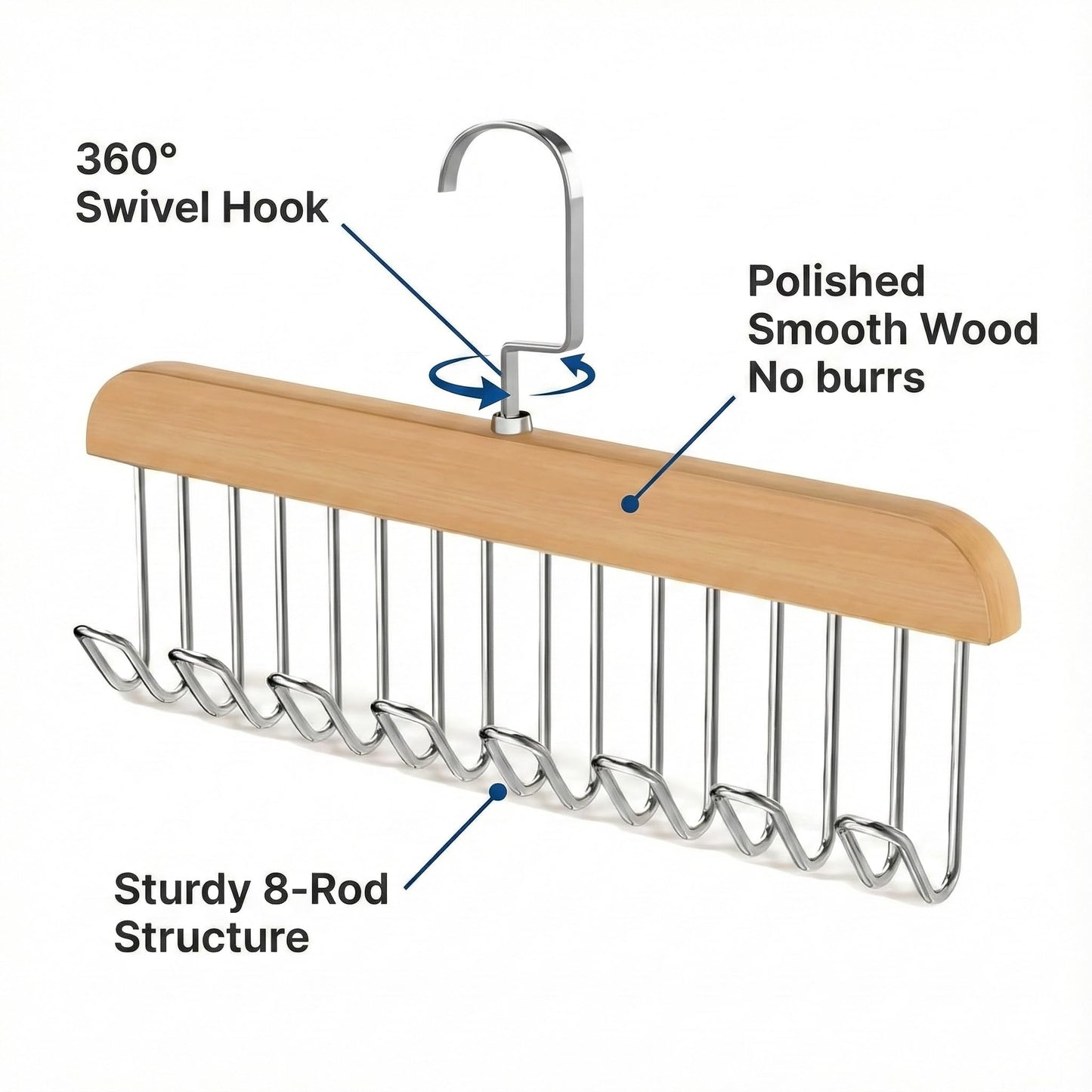 Wooden Belt Hanger 2 Pack, 8-Hook Swivel Belt Organizer for Closet