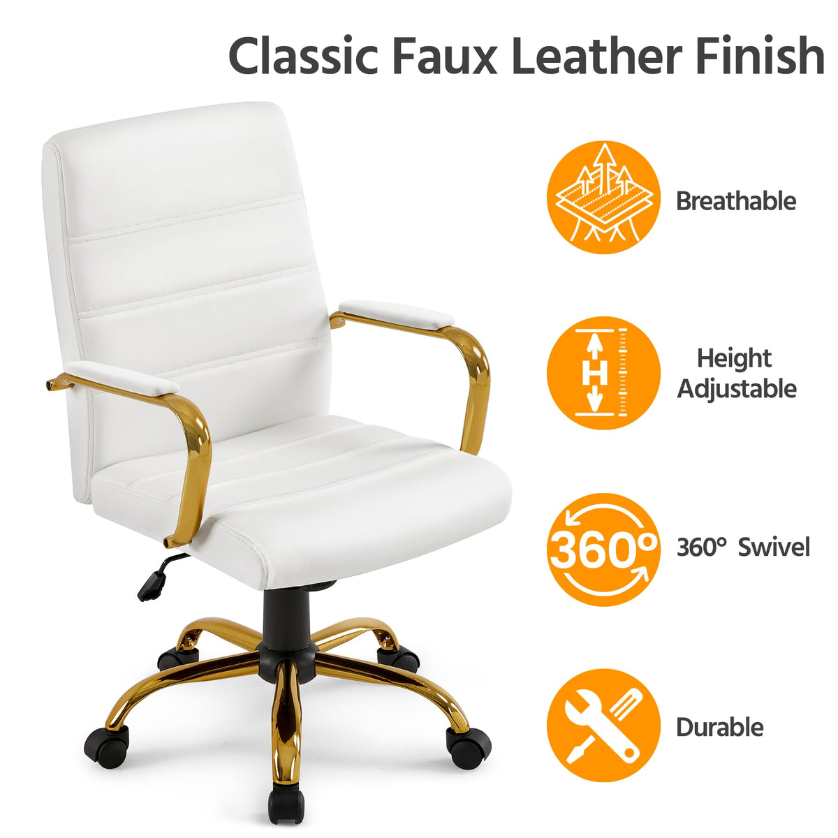 Yaheetech Mid-Back PU Leather Swivel Chair Gold Leg & Lumbar Support, White