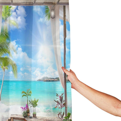 YUAOEUR 3D Landscape Garden Shower Curtain 79X72 Inch Nature Scenery Sunset at Lake View Spring Flowers Green Grass Scenery Bathroom Decoration